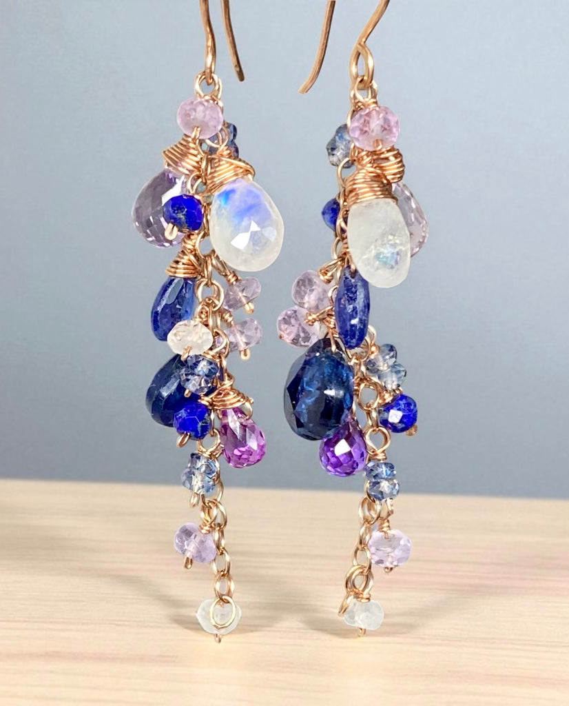 Blue Purple Gemstone Rose Gold Dangle Earrings with Tanzanite