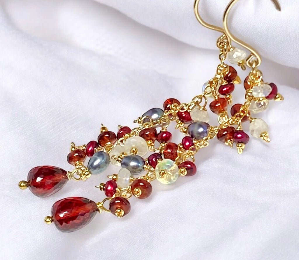 Red Garnet Cranberry Pearl and Opal Long Dangle Earring, Gold