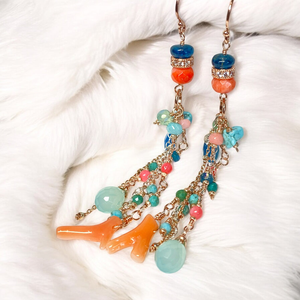 Rose Gold Gemstone Long Boho Dangle Earrings in Turquoise, Coral, Apatite, Aqua