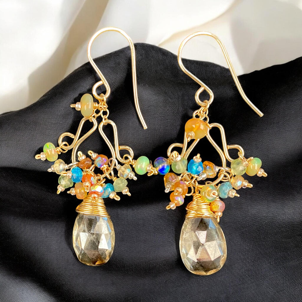 Mystic Smokey Quartz, Colorful Gemstones, Chandelier Earrings, 14k Gold Fill