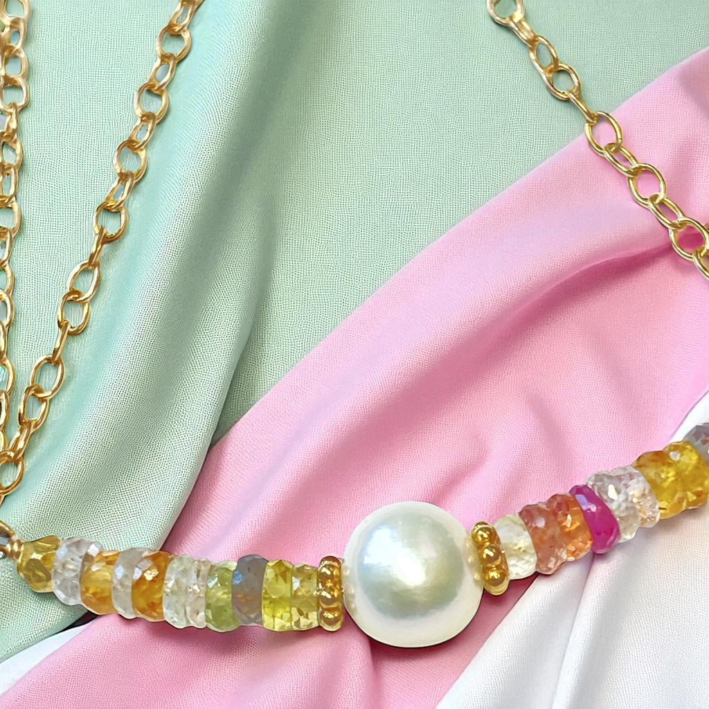 Sapphire Bar Necklace Gold Pastel Gemstone and Pearl Dainty Choker