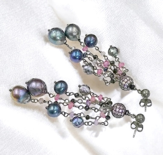 Pink Spinel Pearl Tassel Earrings