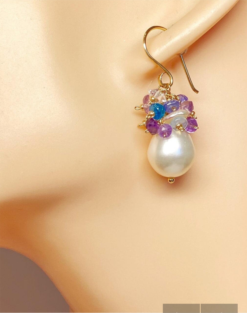 Gemstone Cluster Pearl Earrings Amethyst Tanzanite Gold