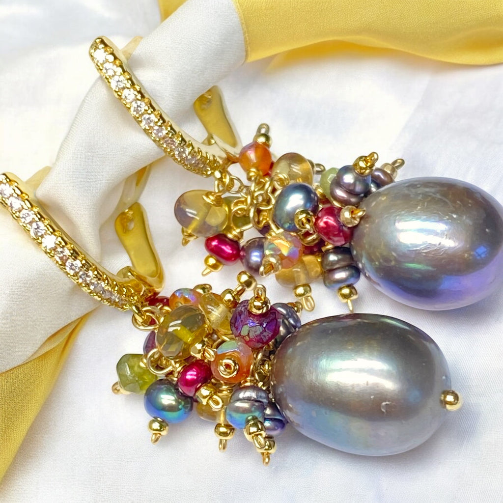 Grey Pearl Earrings with Colorful Gemstone Clusters in 14 kt Gold Fill