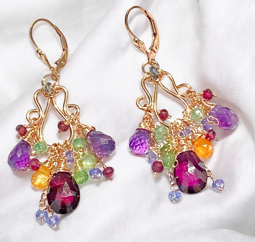 Rose Gold Chandelier Earrings Rhodolite Garnet Amethyst Lever Back