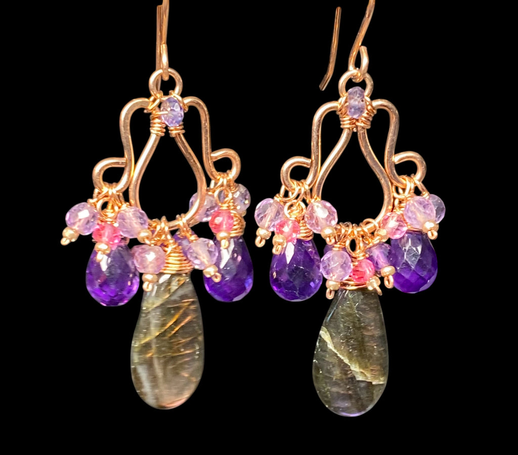 Purple labradorite and amethyst chandelier earrings rose gold fill on black background