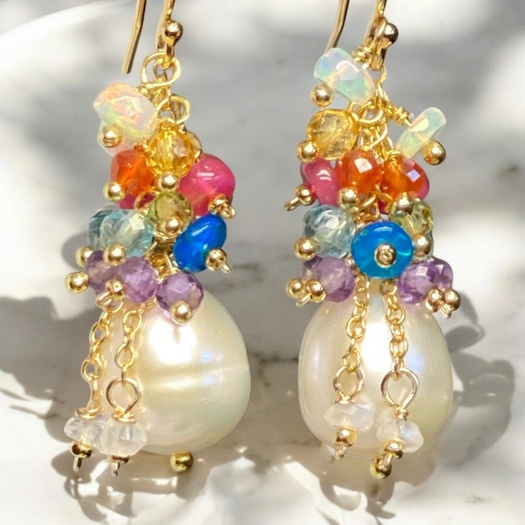 Pearl Earrings with Multi-color Opals and Gemstones in Gold Fill or Sterling Silver