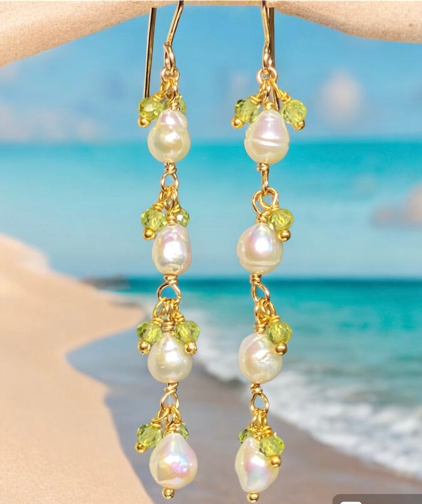 Peridot and Pearl Long Dainty Earrings Gold Fill