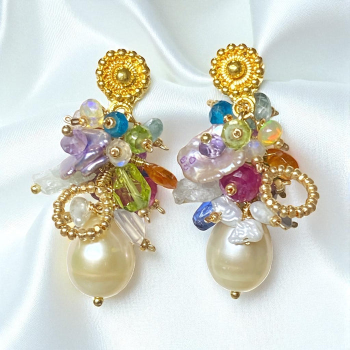 Pearl and Multi mm￼Gemstone Cluster Earrings