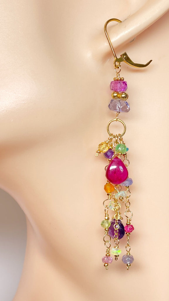 Violet Sapphire, Multi Gemstone Gold Fill Long Dangle Earrings