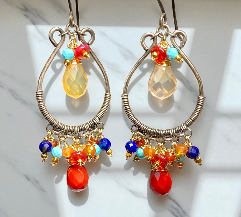 Multi Gemstone Hoop Chandelier Earrings, Mexican Fire Opal, Mixed Metals 3