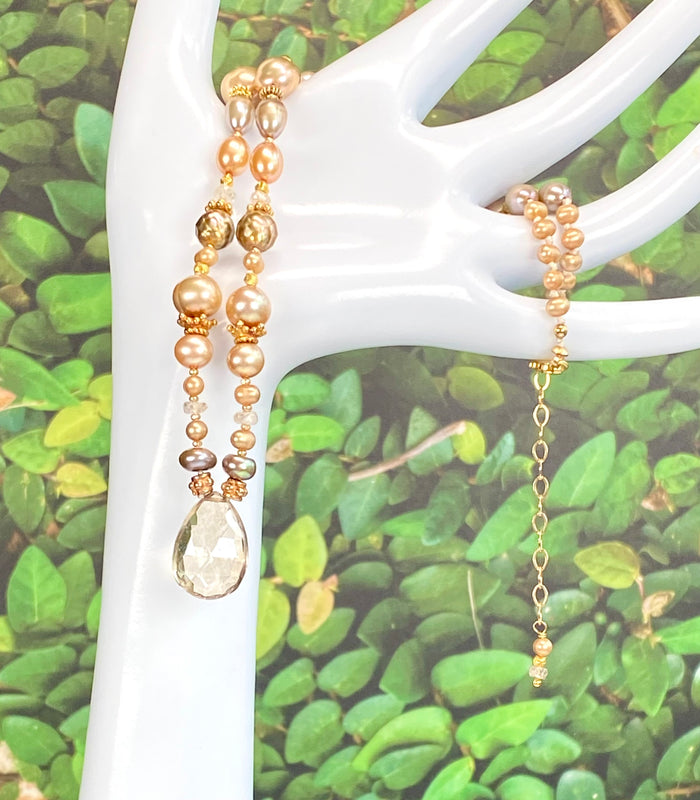 Mystic Golden Beige Quartz and Pearl Pendant Necklace Gold - Doolittle