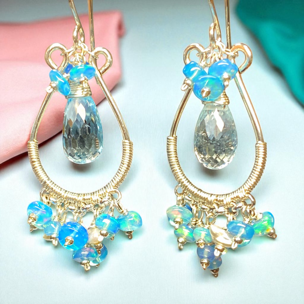 Blue Topaz and Opal Hoop Chandelier Earrings Sterling Silver