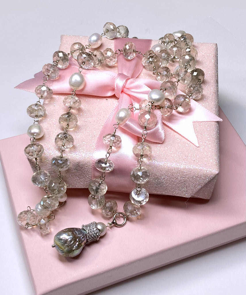 Mystic Silver Quartz and Pearl Long Wire Wrap Necklace Sterling Silver