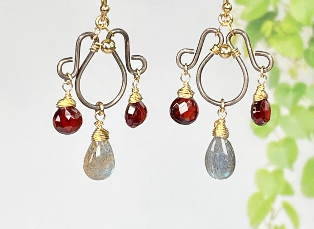 Red Garnet Heart & Labradorite Chandelier Earrings, Oxidized Silver & Gold Fill