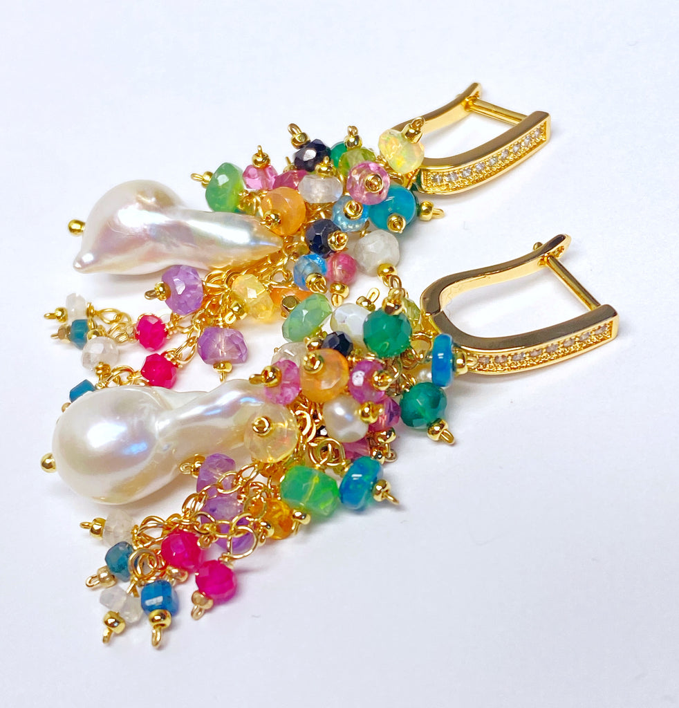 Baroque Flameball Earrings Multi Gemstone Cluster, Gold fill