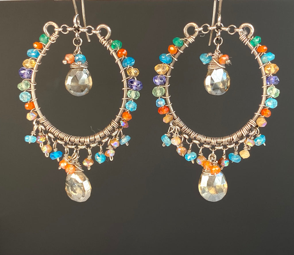 Multicolor Gemstone Hoop Chandelier Earrings, Mystic Smokey Quartz, Oxidized Silver - Doolittle