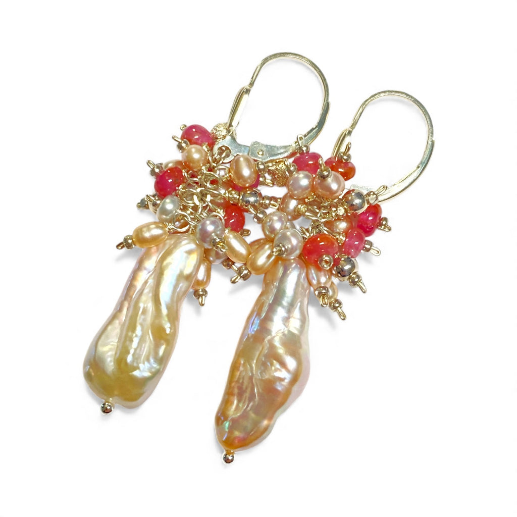 Blush Pink Biwa Pearl Pink Sapphire Cluster Earrings Sterling Silver