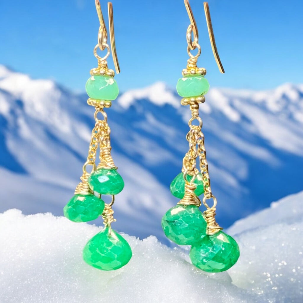 Emerald and Chrysoprase Dangle Earrings in Gold Fill