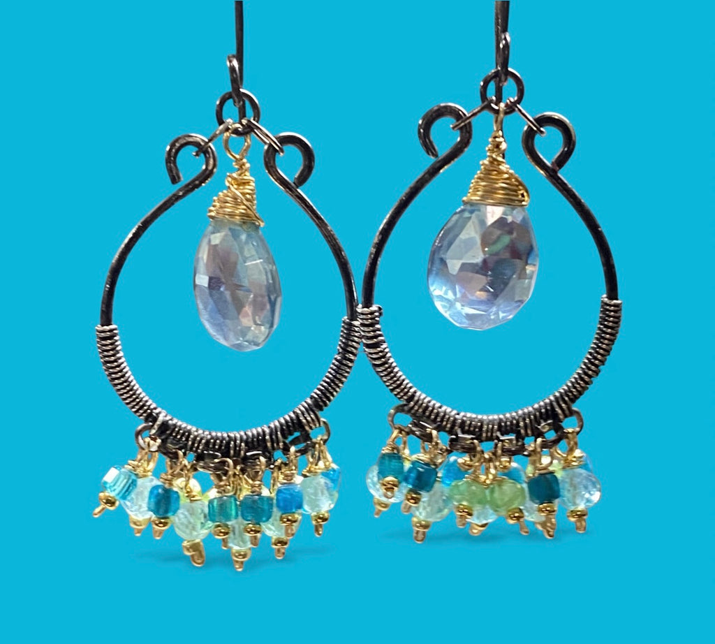 Aqua Apatite Oxidized Sterling Silver Hoop Chandelier Earrings