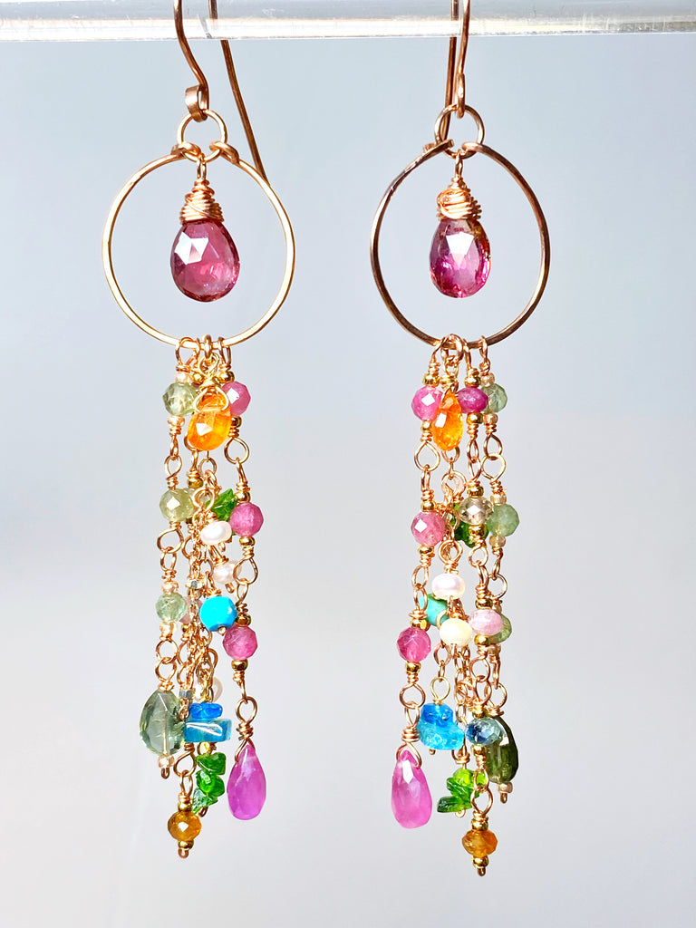 Pink Tourmaline Multicolor Gemstone Long Boho Dangle Earrings Rose Gold