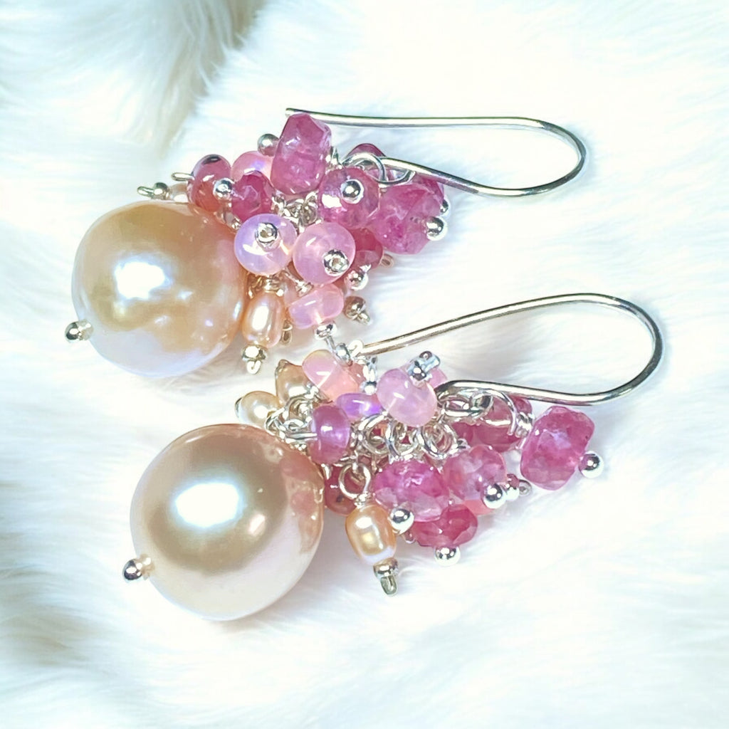 Pink Pearl Earrings with Pink Sapphire and Opal Clusters