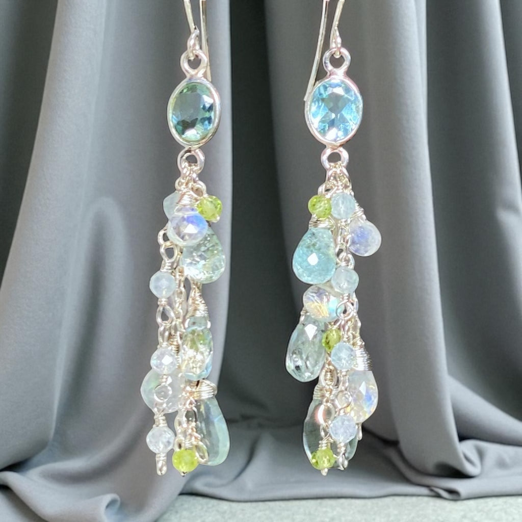 Blue Topaz, Peridot Long Gem Dangle Earrings Sterling Silver