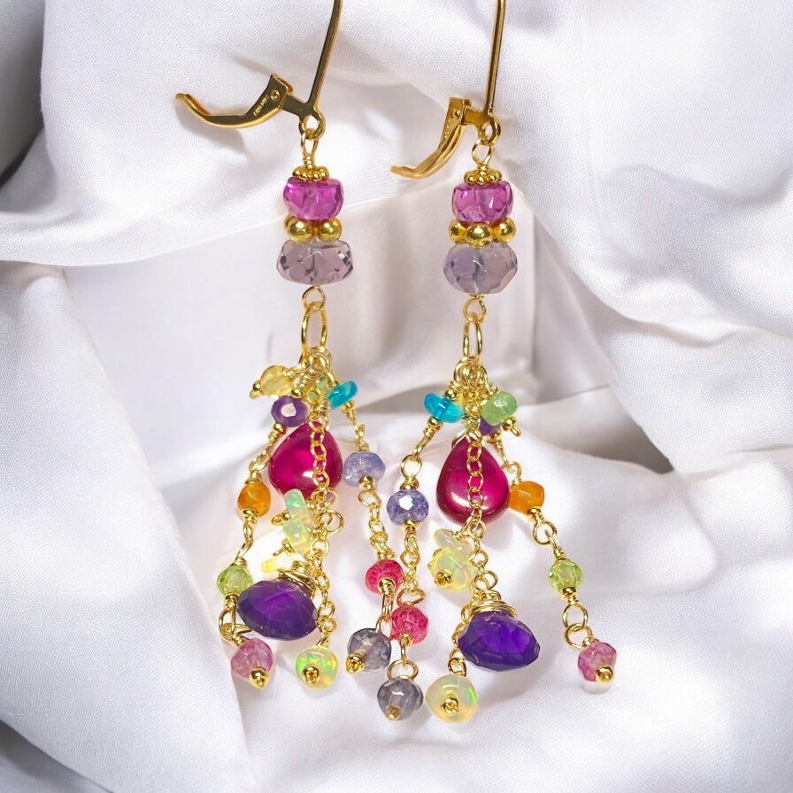 Violet Sapphire, Multi Gemstone Gold Fill Long Dangle Earrings