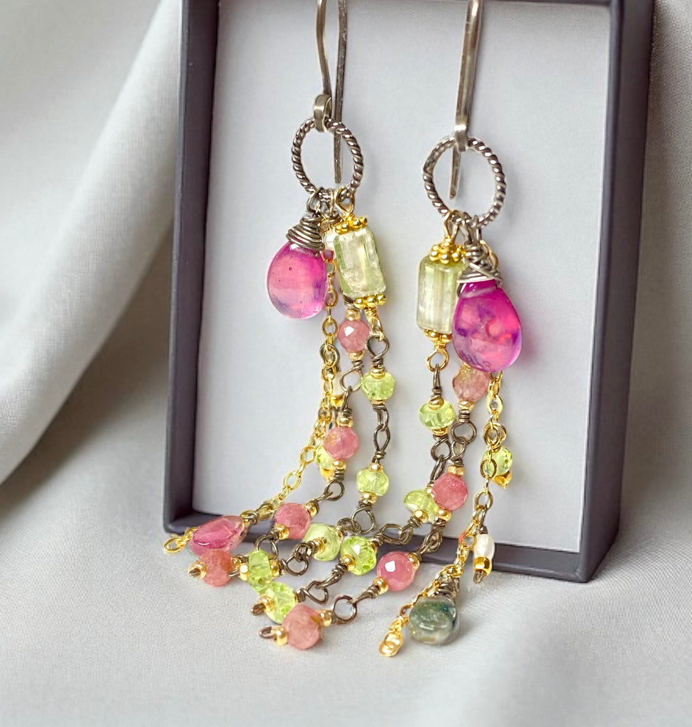 Pink Sapphire, Peridot and Tourmaline Gemstone Long Dangle Earrings