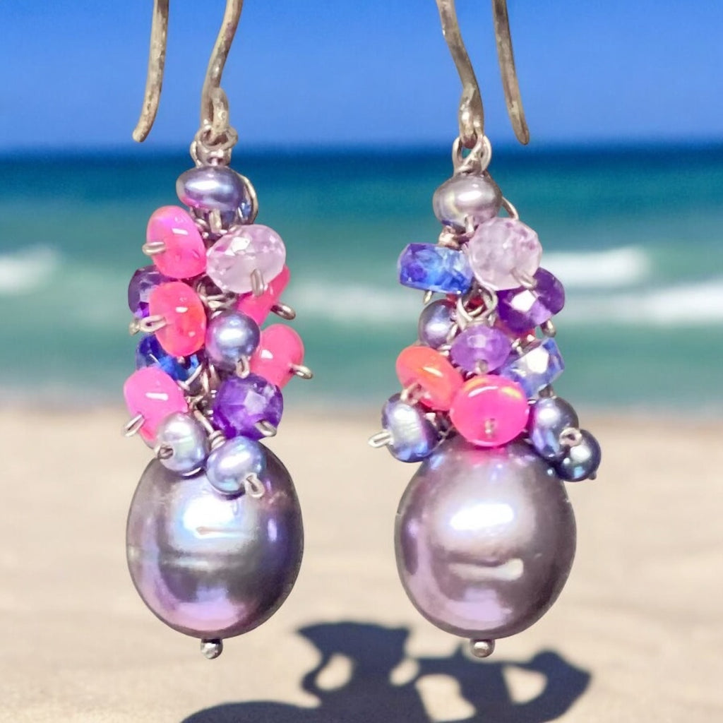 Peacock Pearl Cluster Earrings with Amethyst, Iolite and Pink Opals in Oxidized Sterling Silver