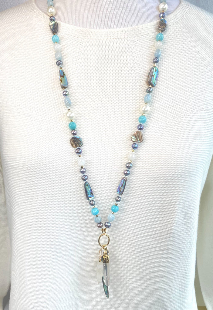 Abalone Long Necklace with Aquamarine, Moonstone, Pearl