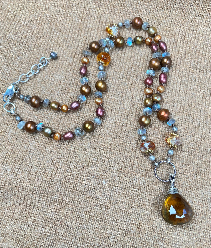 Cognac Quartz Silk Knot Pendant Necklace with Citrine, Labradorite, Pearl, Sterling Silver