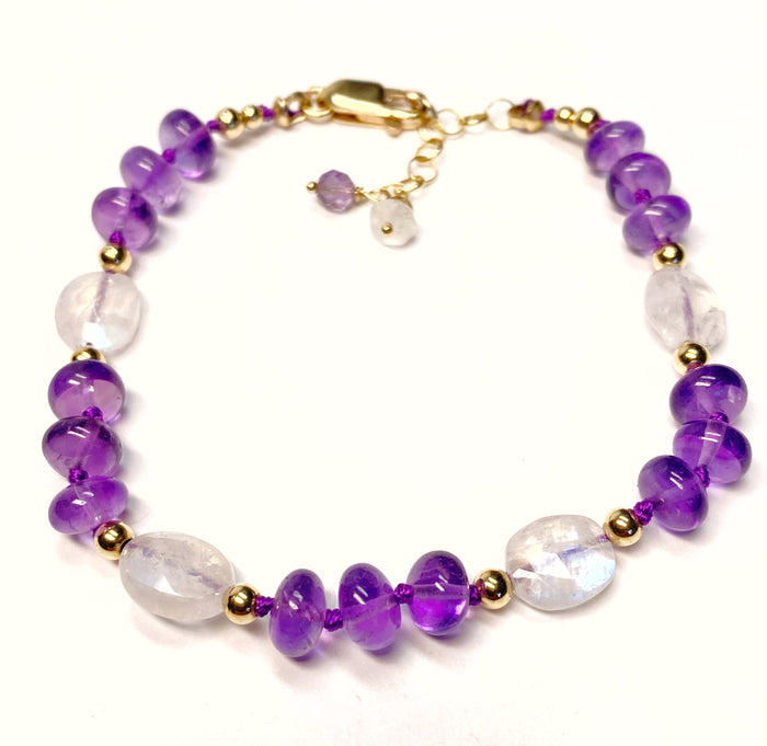 Amethyst and Rainbow Moonstone Silk Knot Bracelet Gold Fill