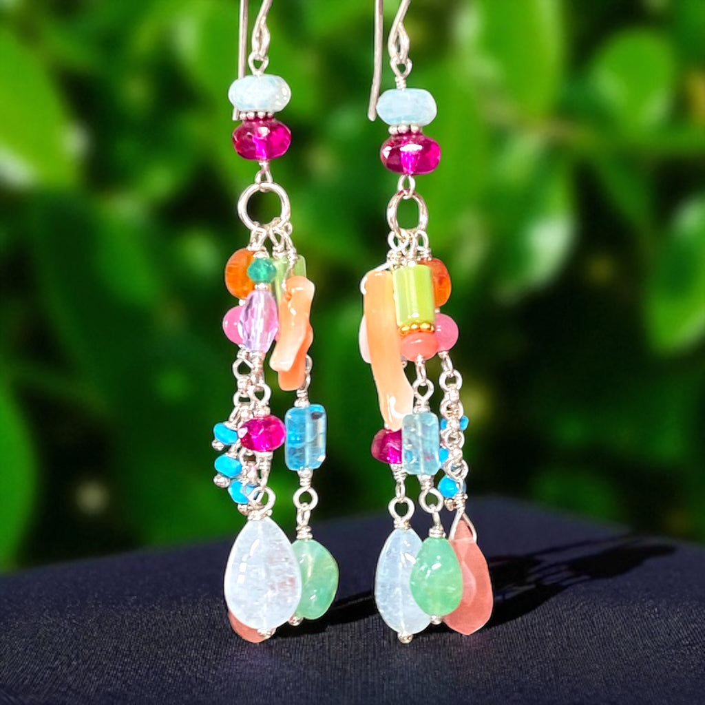 Multicolor Gemstone Dangle Earrings Sterling Silver - Aquamarine, Chrysoprase - Doolittle