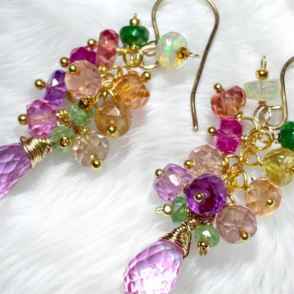 Padparadscha Sapphire Dangle Earrings, Pink Mystic Topaz, Gold Fill - Doolittle