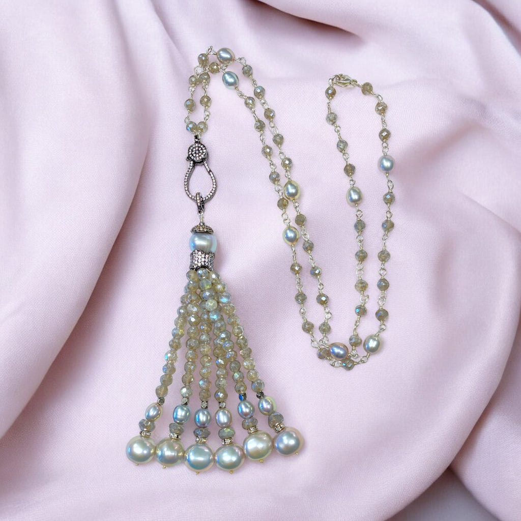 Mystic Labradorite Beaded Tassel Necklace Wire Wrap Sterling Silver