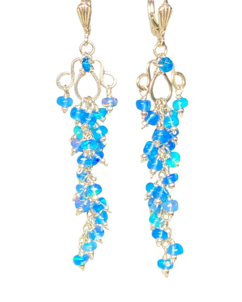 Blue Ethiopian Opal Long Cluster Dangle Earrings Sterling Silver