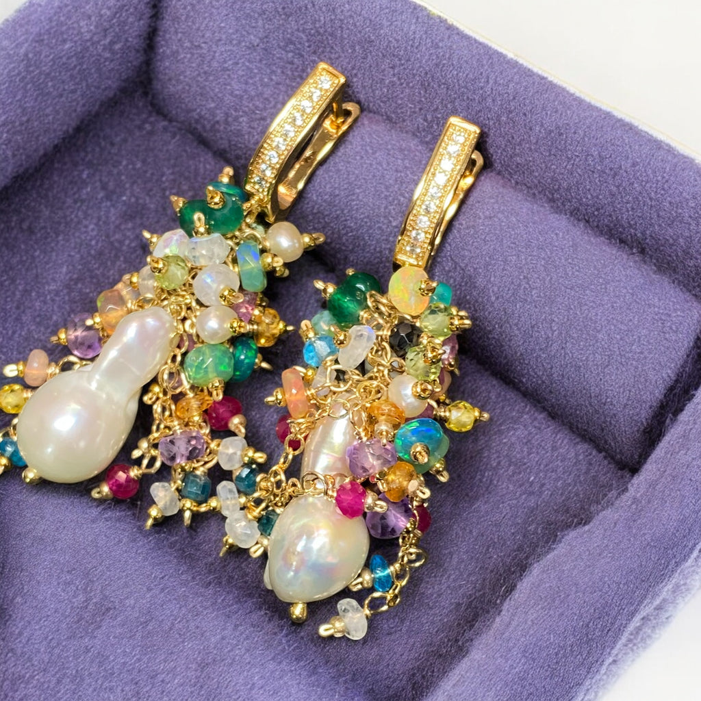 Baroque Flameball Earrings Multi Gemstone Cluster, Gold fill