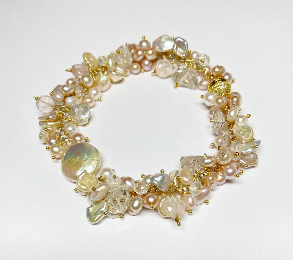 Ivory Blush Pearl Cluster Bracelet with Herkimer Diamond Quartz