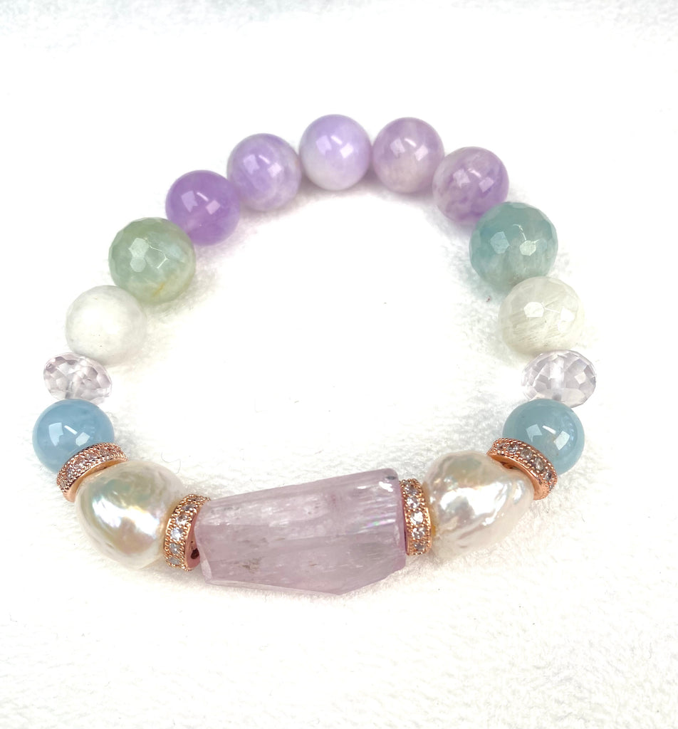 Kunzite, Pearl, Pastel Gemstone Stretch Stacking Bracelet - Doolittle