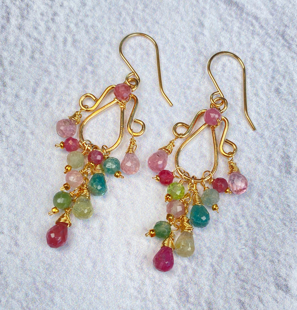 Multicolor Tourmaline Chandelier Earrings — Light Pink, Green & Blue, Gold Fill