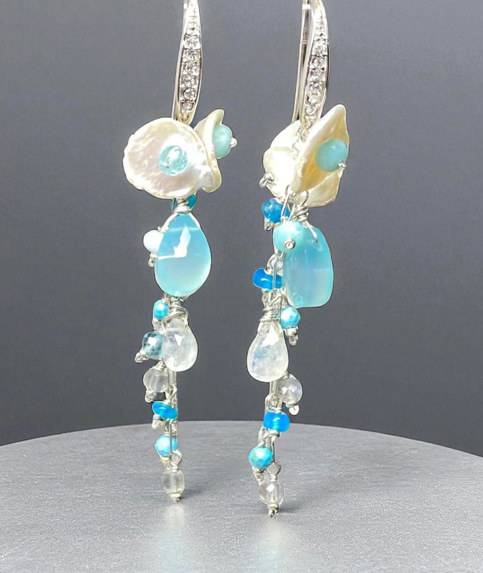 Aqua Chalcedony, White Keishi Pearl, Sterling Silver Long Dangle Earrings