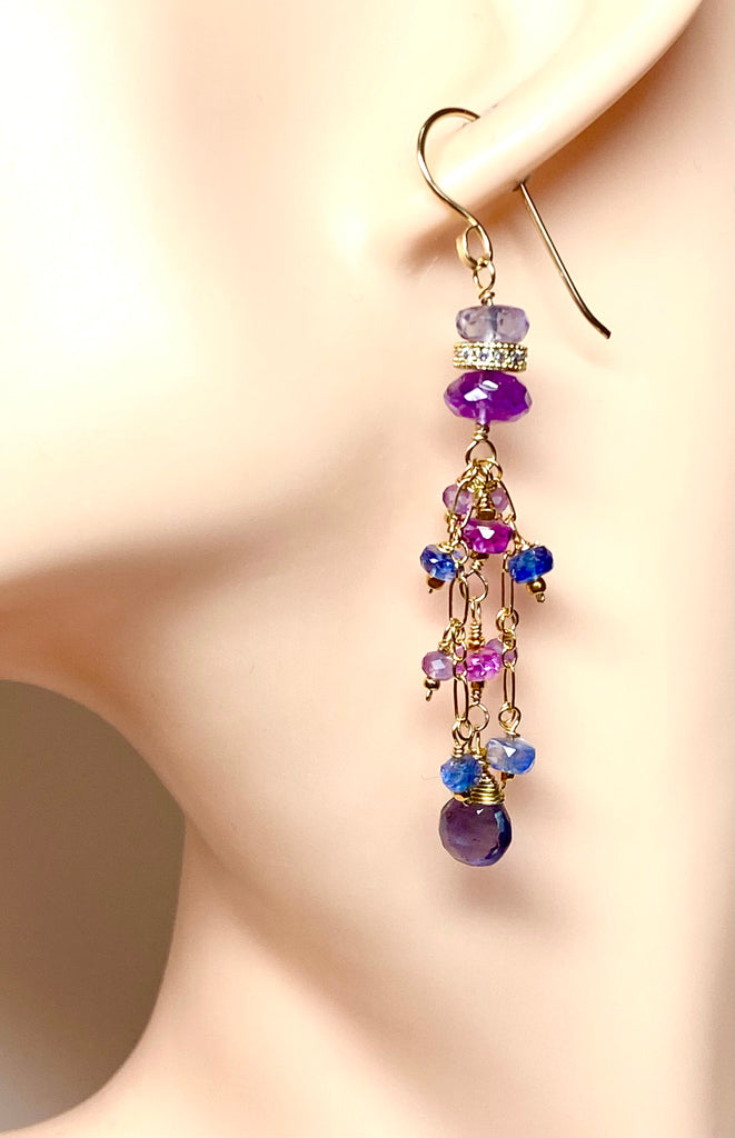Blue Purple Gemstone Dangle Earrings, Tassel Style, Iolite, Amethyst, Gold Fill