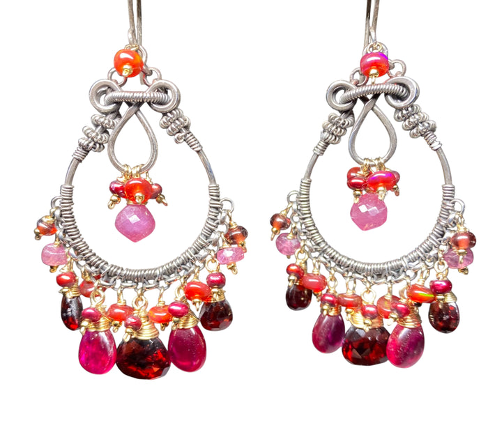 Red Garnet Mixed Metal Chandelier Hoop Earrings - Red Opals, Pink Sapphire Sterling Silver Gold Fill
