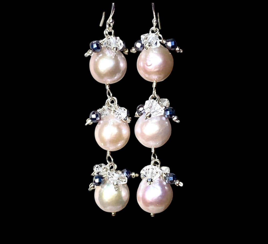 Long Blush Pearl Earrings with Sparkly Gems, Sterling Silver