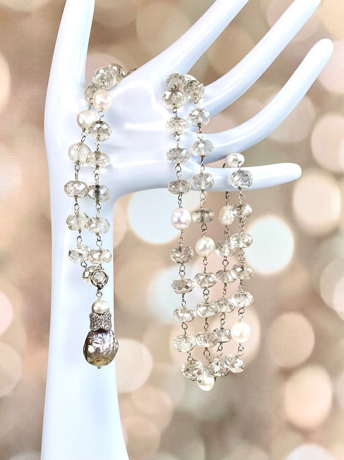 Mystic Silver Quartz and Pearl Long Wire Wrap Necklace Sterling Silver