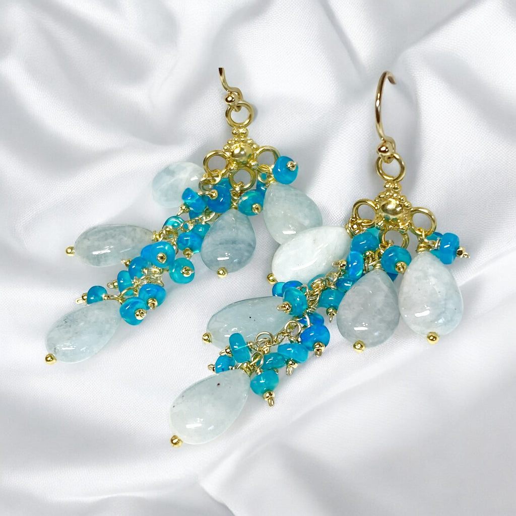 Blue Aquamarine and Teal Blue Opal Long Gem Dangle Chandelier Earrings