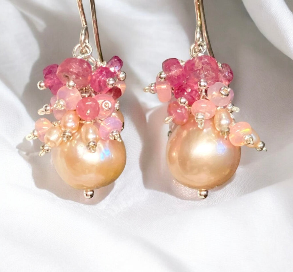 Pink Pearl Earrings with Pink Sapphire and Opal Clusters