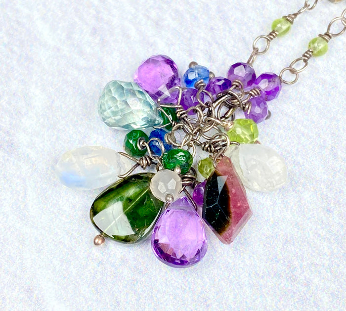 Tourmaline & Moonstone Rosary-Style Cluster Necklace, Oxidized Silver