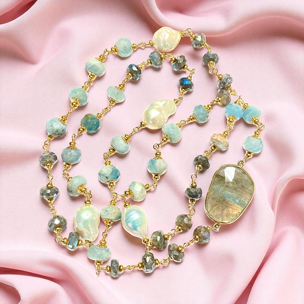 Aquamarine, Labradorite, Pearl Long Wire Wrapped Necklace
